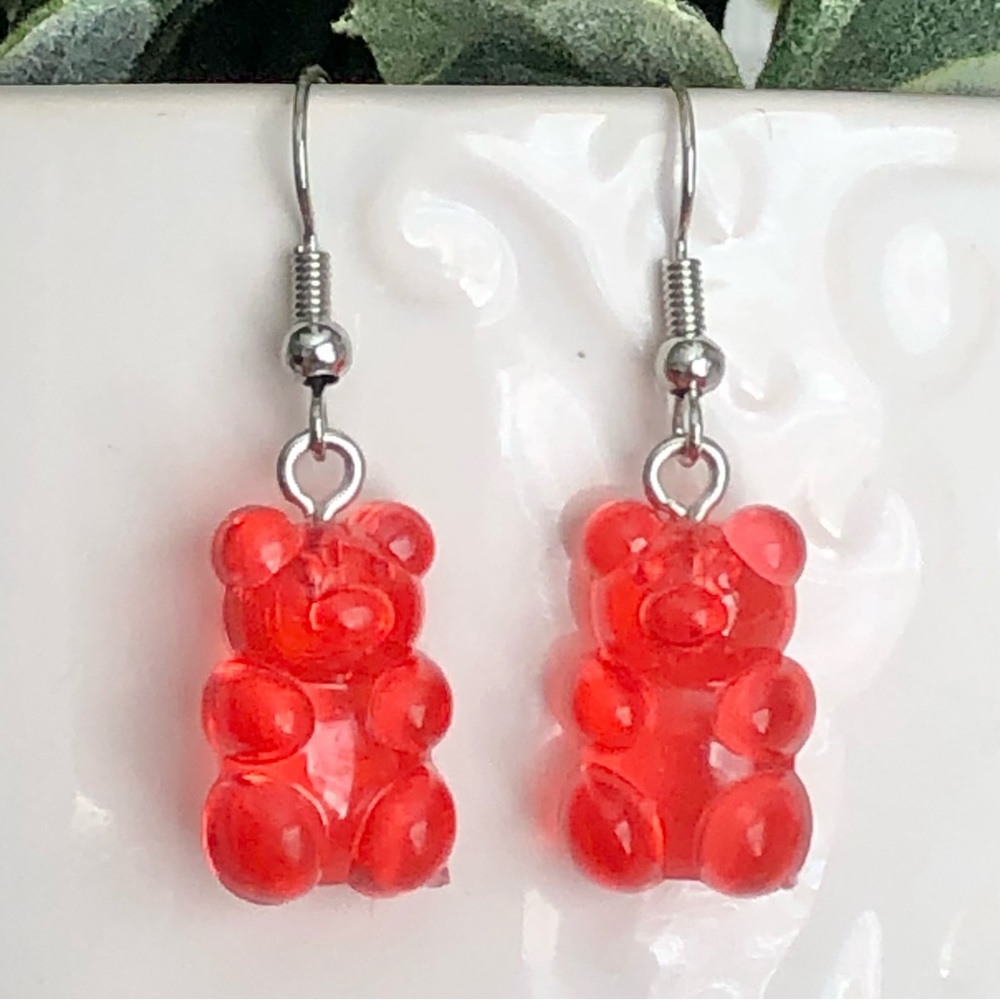 New Red Gummy Bear Resin Dangling Drop Earrings Realistic Mini Food Candy Gifts